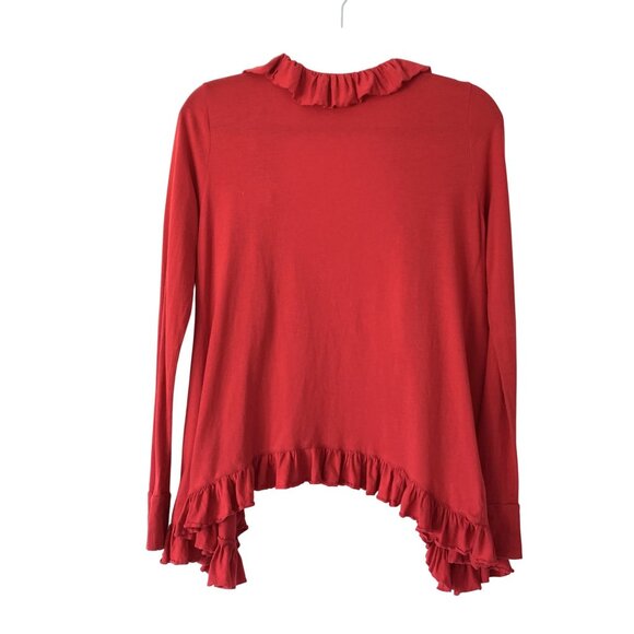 Stephanie B Red Ruffled Open Front Cardigan Sweater S 100% Pima Cotton Layer - Picture 2 of 6